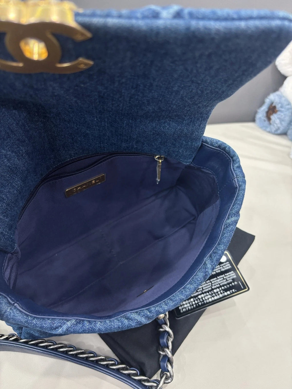 Chanel 19 Small Denim Flap Crossbody Bag Everyday Shoulder Bag Deep Blue Gold