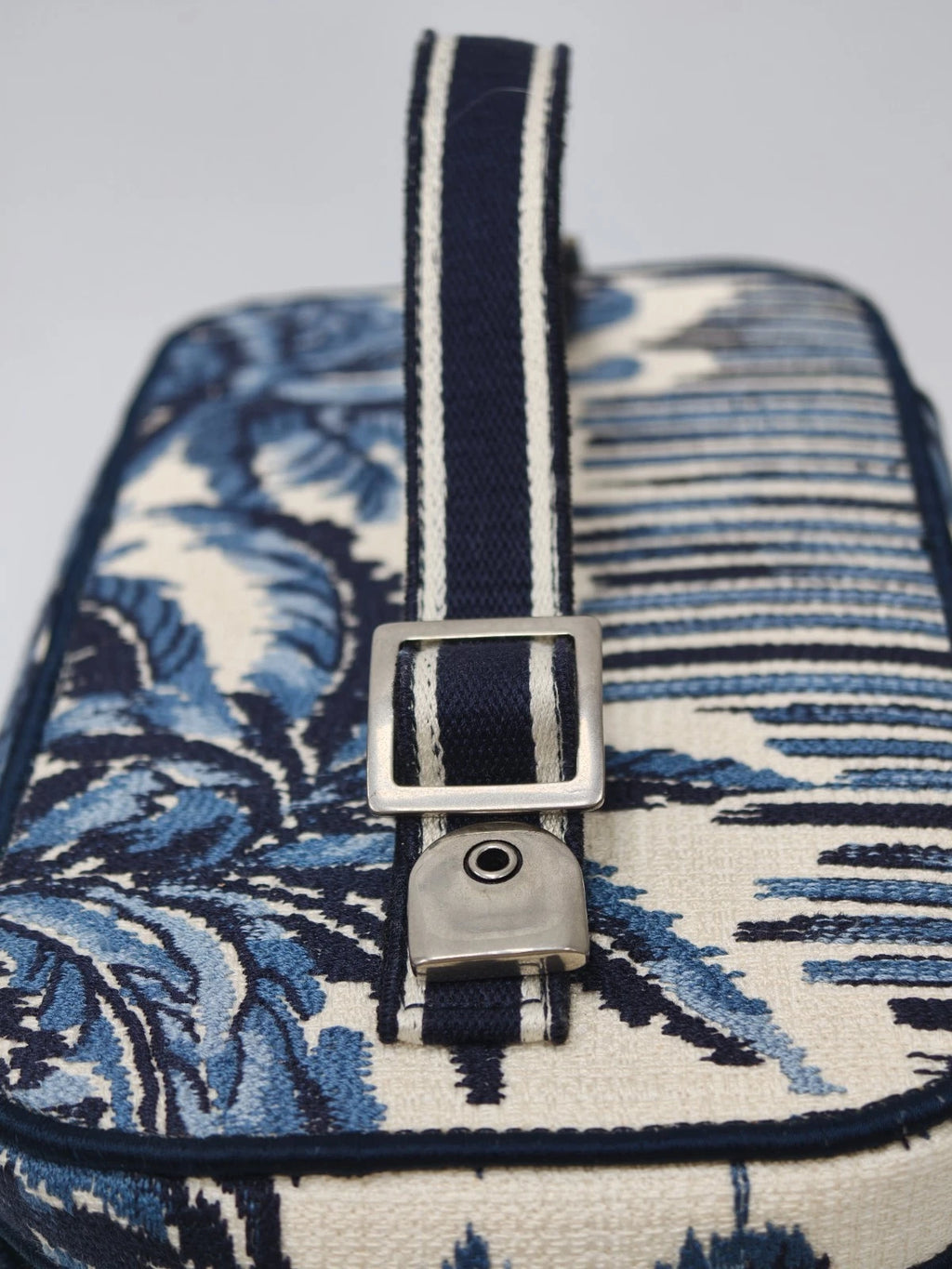 Christian Dior Travel Vanity Case Canvas Top Handle Bag Blue Silver Women