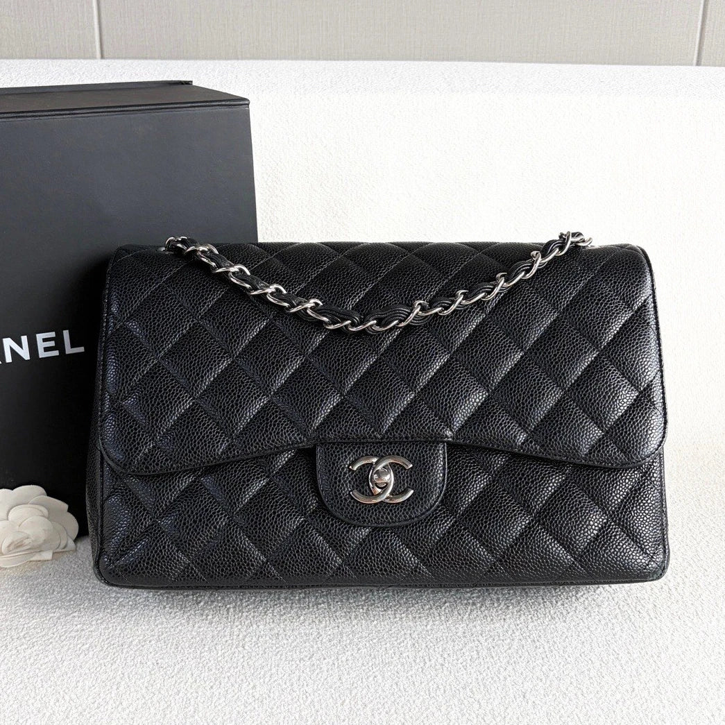 Chanel Classic Flap Jumbo Chain Shoulder Bag Crossbody Black Silver Women