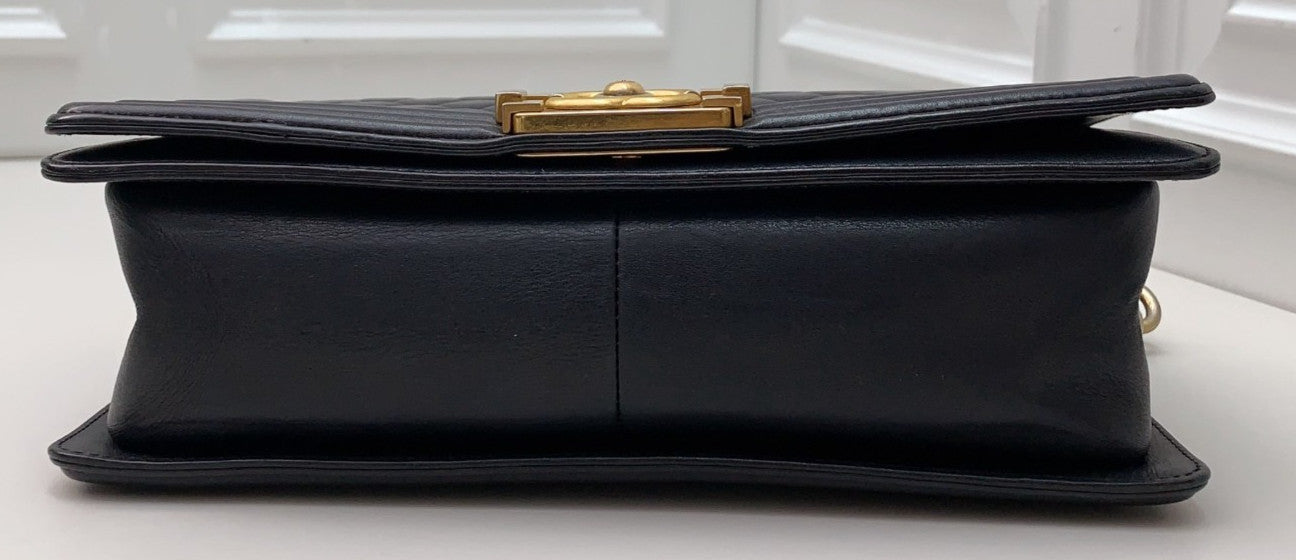 Chanel Leboy Calfskin Chain Shoulder Bag Black Gold Women Classic Diamond