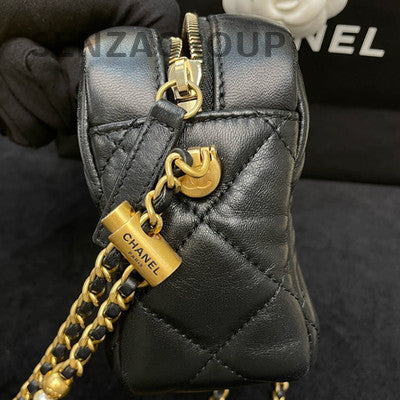 Chanel 21K Black Gold Quilted Camera Bag with Pearl Chain Strap