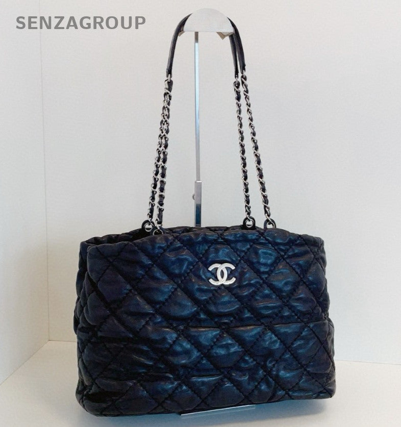 CHANEL Puffer Tote Calfskin Chain Shoulder bag Black Silver Women Classic