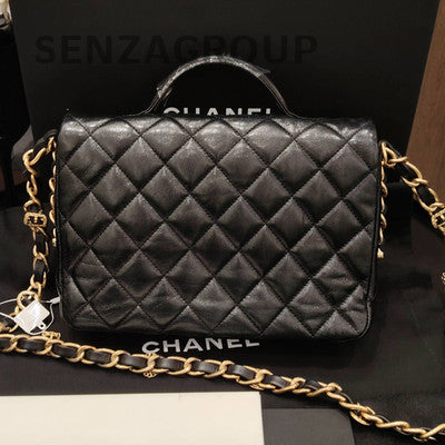 Chanel Black Gold Lambskin Messenger Chain Crossbody Bag Classic Women