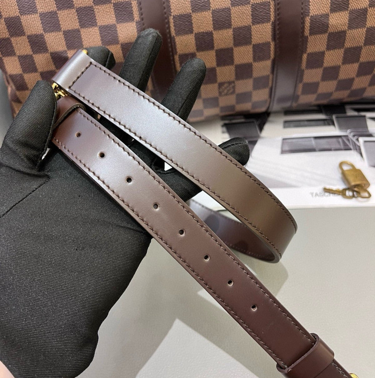 Louis Vuitton Keepall45 Damier Ebene Top Handle Shoulder Bag Brown Gold Unisex