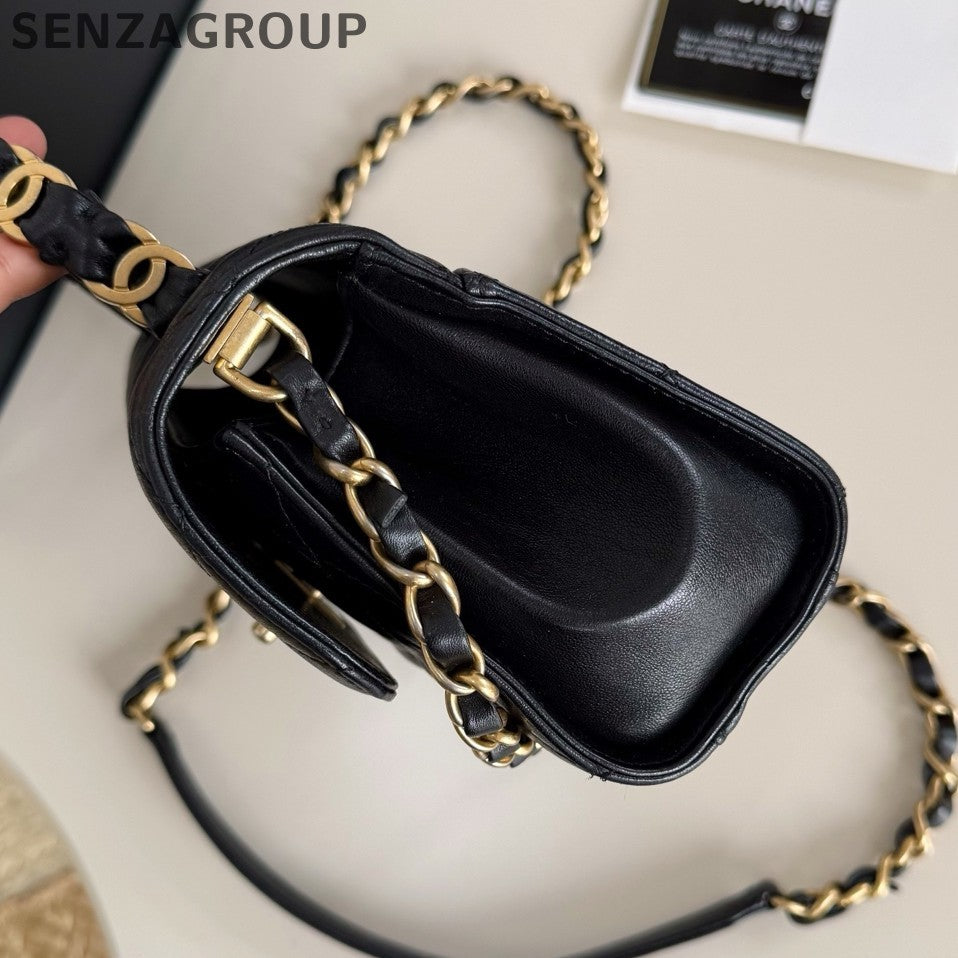 Chanel Kelly Diamond Chain Top Handle Crossbody Black Gold Women Classic