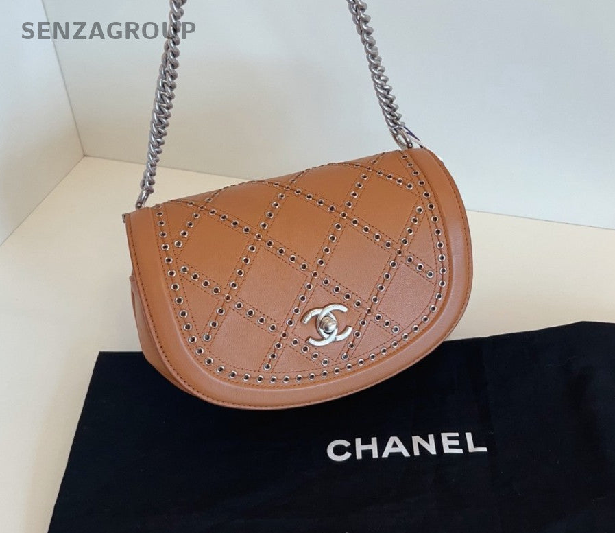 CHANEL Saddle PM Calfskin Rivet caramel color Chain Shoulder bag Crossbody Women