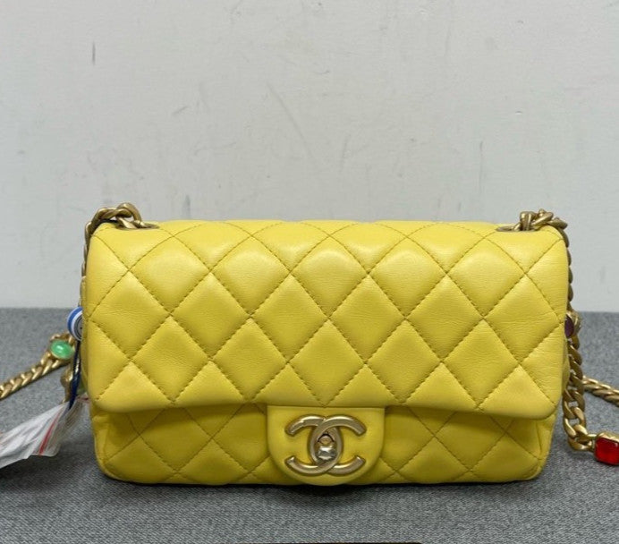 Chanel Classic Flap Mini Chain Shoulder Bag Yellow Gold Diamond Women Fashion