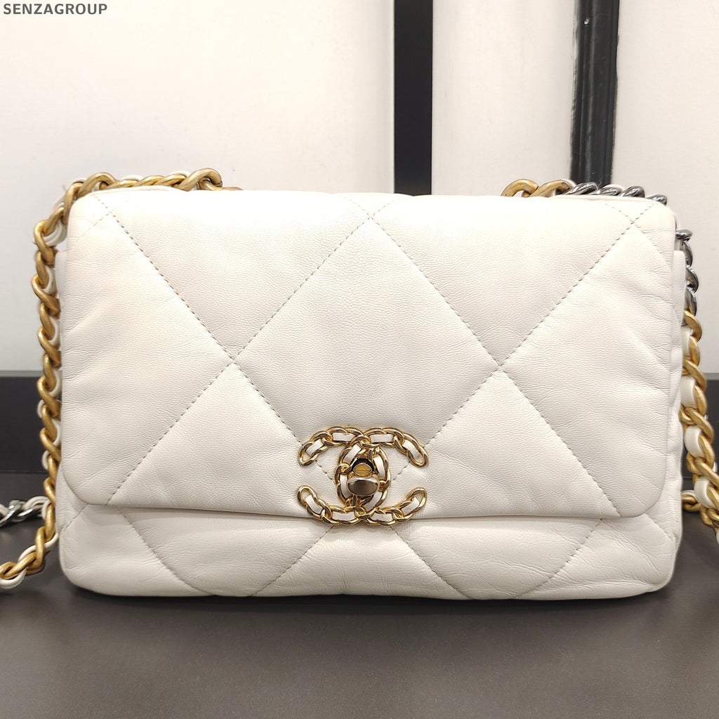 Chanel 19 Bag Quilted Lambskin Chain Shoulder Bag White Gold Women