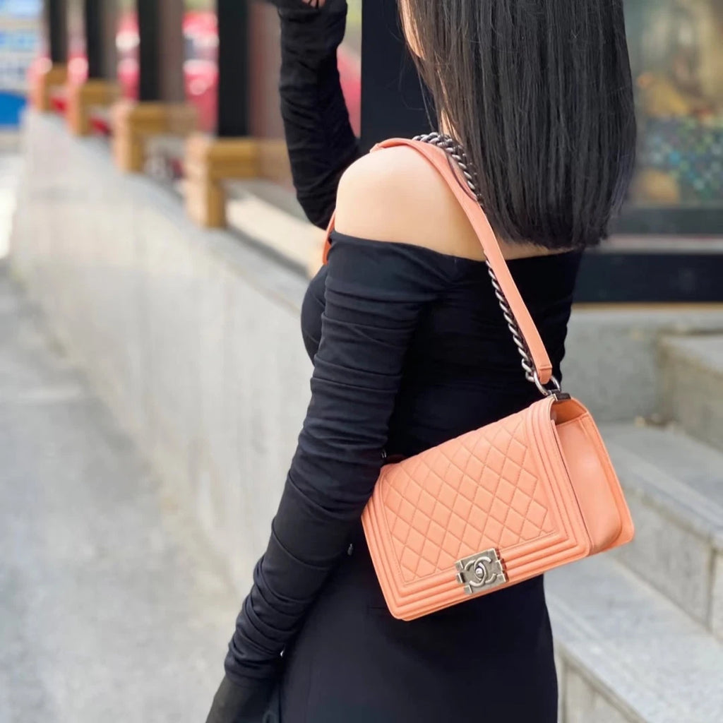 Chanel Leboy MM Calfskin Chain Shoulder Bag Crossbody Orange Gold Women S