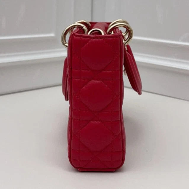 Christian Dior Lady Dior Cannage Top Handle Crossbody Red Gold Women Classic