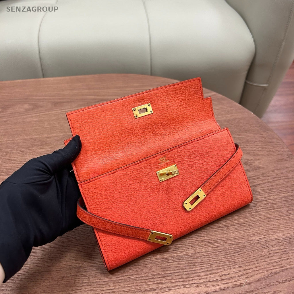 Hermes Kelly Long Wallet Goatskin Orange Gold Women Pouch