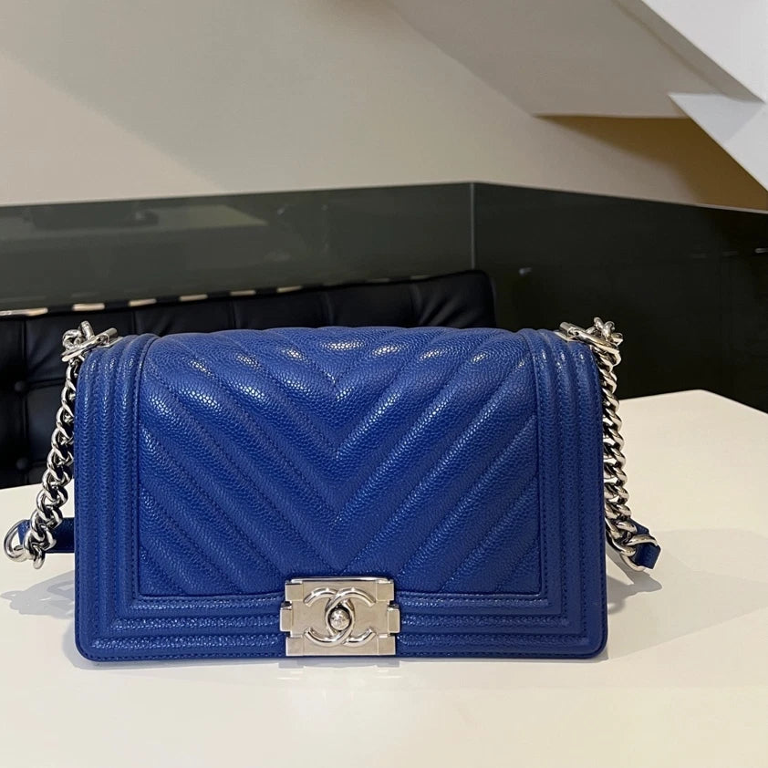Chanel Le Boy Medium Chevron Chain Shoulder Bag Blue Silver Classic