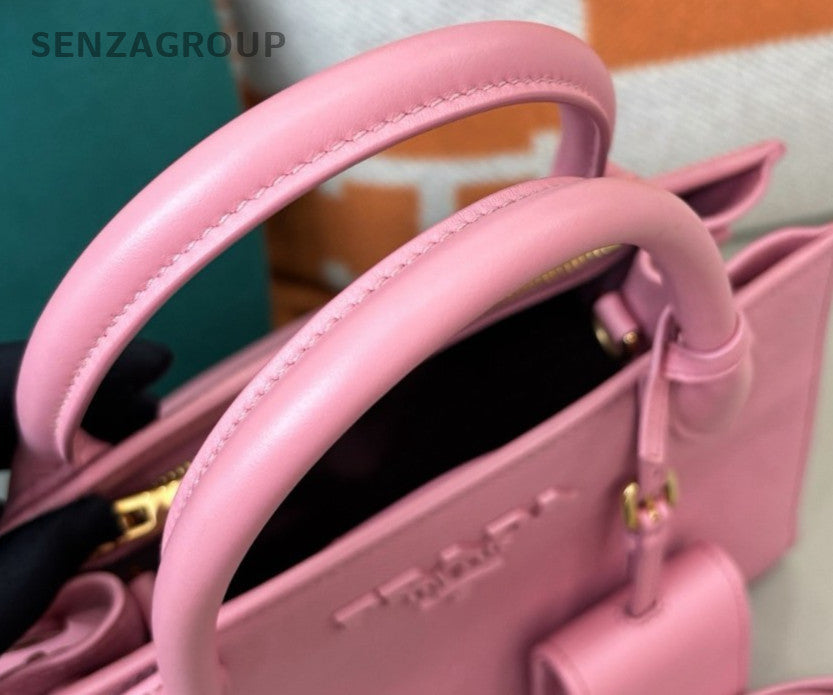 Prada Monochrome Calfskin 2Way Top Handle Bag Crossbody Pink Gold Women Classic