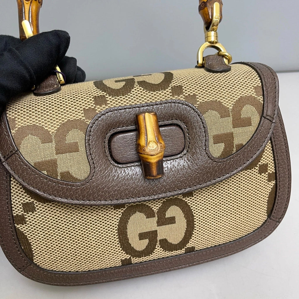 Authentic Gucci Bamboo Canvas Top Handle Crossbody Bag Brown Gold Hardware