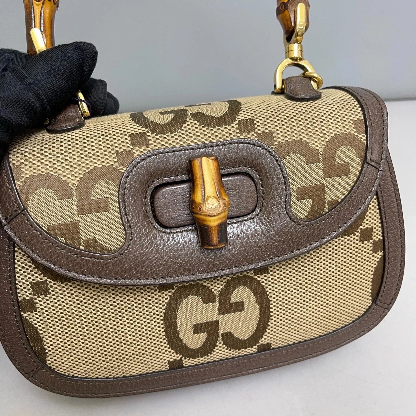 Authentic Gucci Bamboo Canvas Top Handle Crossbody Bag Brown Gold Hardware