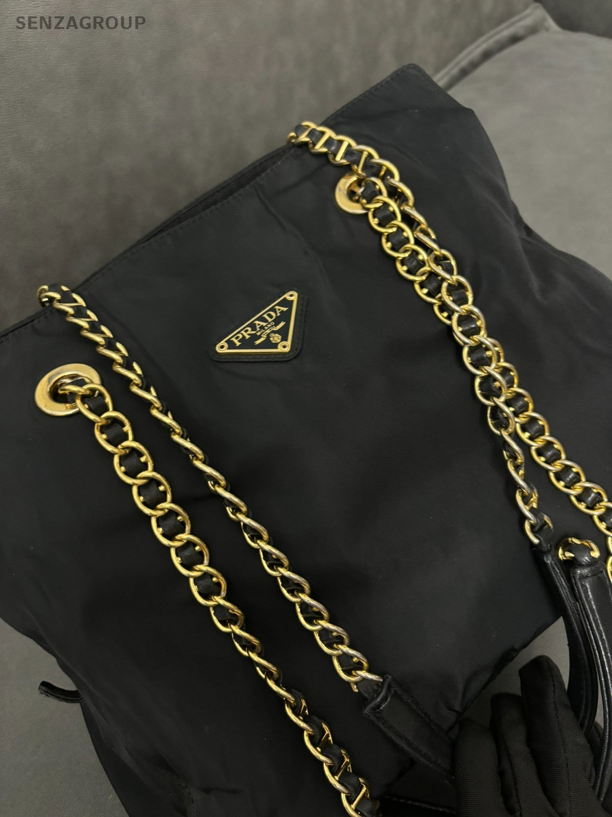 PRADA Classic Nylon Chain Shoulder bag 30 Black Gold Women Handbag