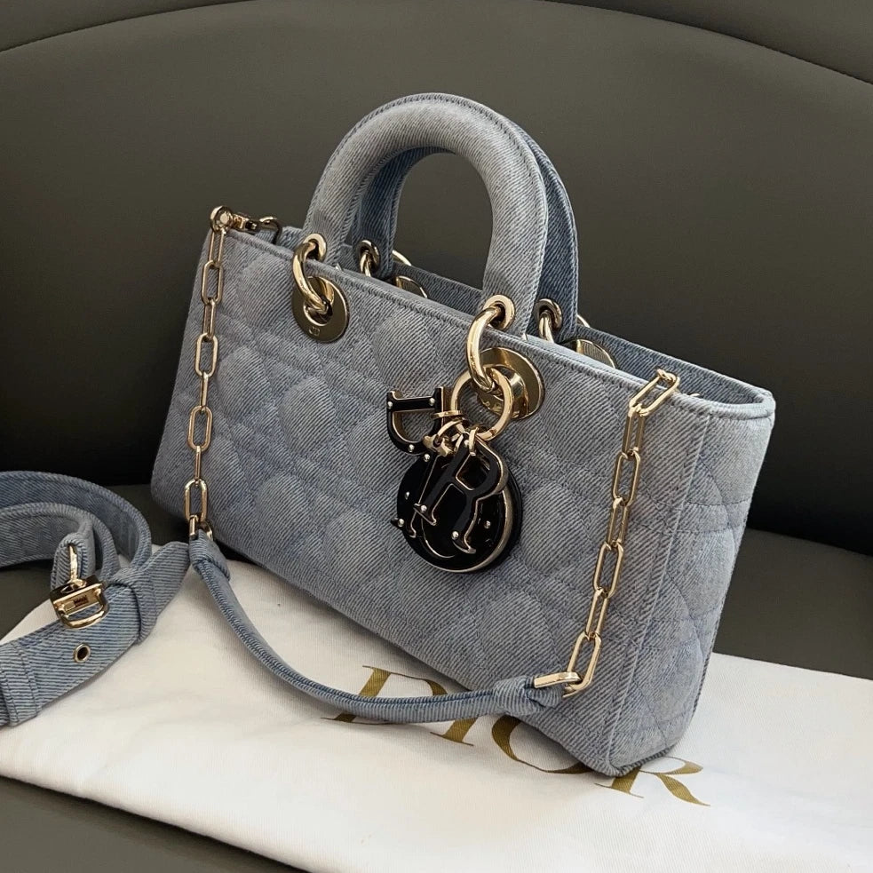Excellent Christian Dior D-Joy PM Denim Blue Handbag Crossbody Gold Hardware