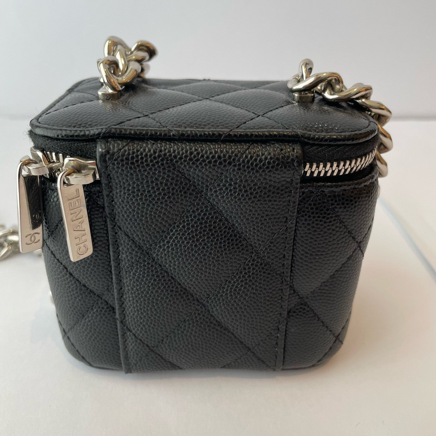 Chanel Vanity Case Mini Calfskin Chain Shoulder Bag Crossbody Black Silver Women