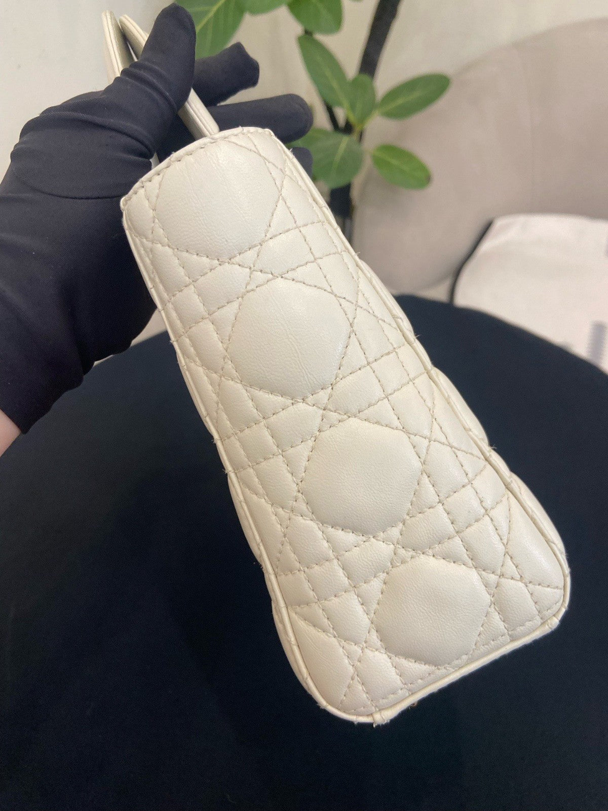 Christian Dior Lady Dior Cannage Crossbody Top Handle Bag White Gold Women
