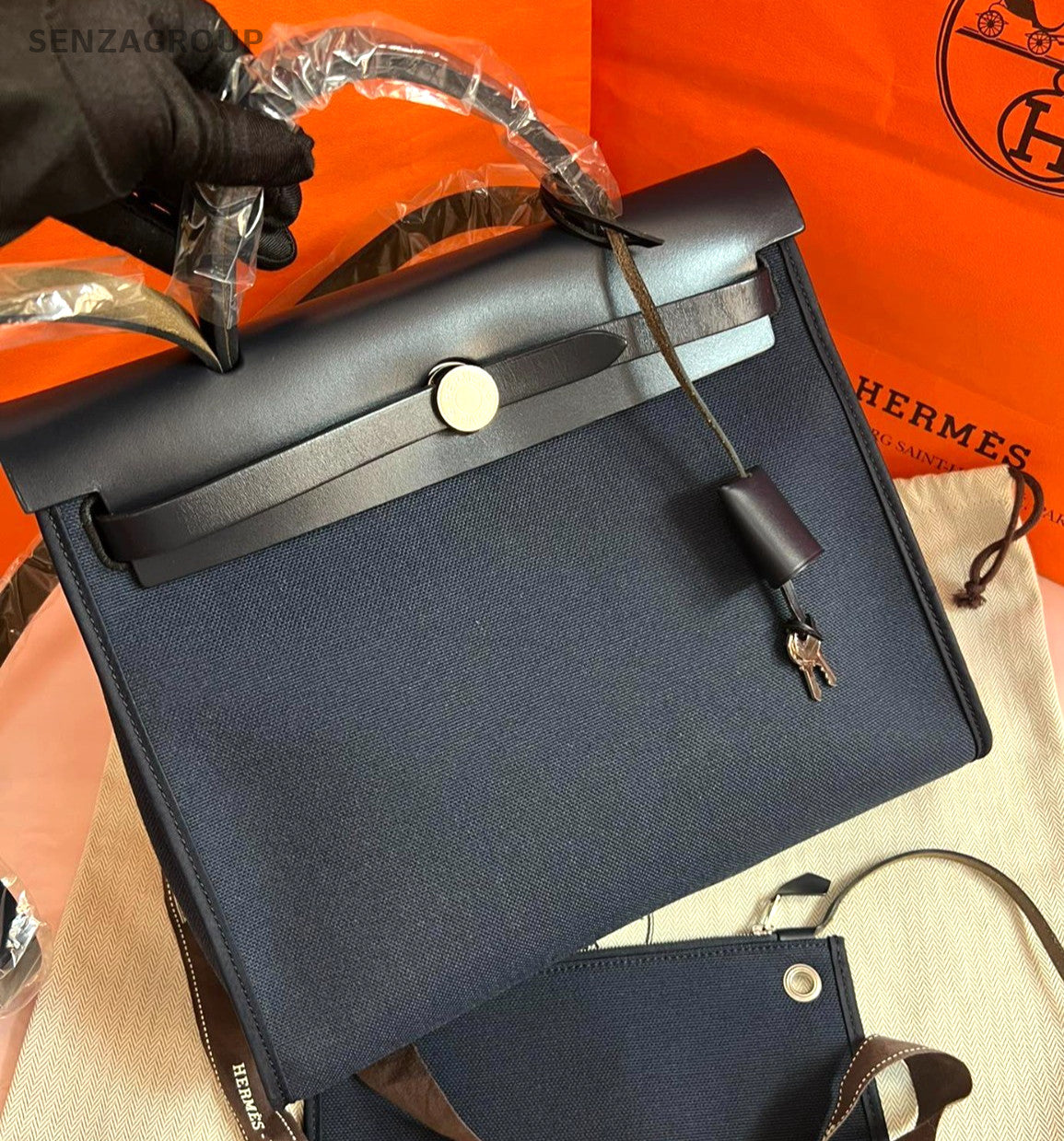 Hermes Herbag31 Canvas Blue Black Silver Top Handle Bag Crossbody Women Classic