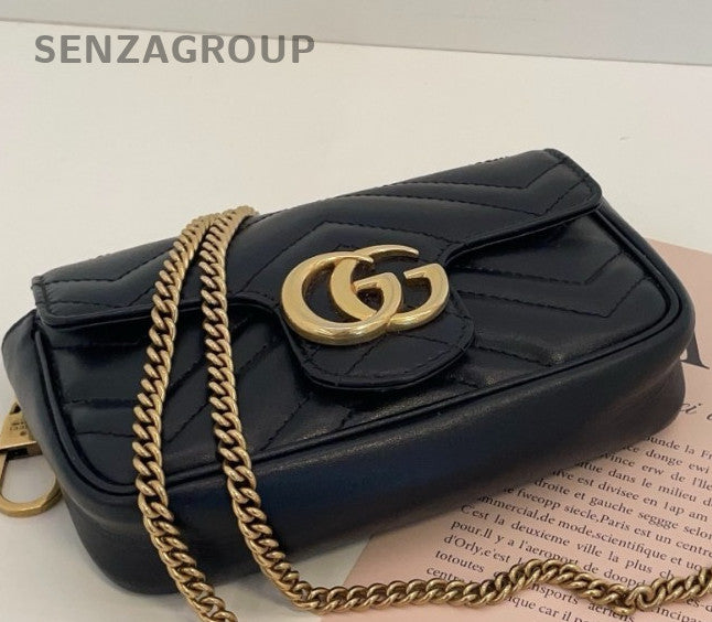 Gucci Marmont Super Mini Chain Shoulder Bag Crossbody Black Gold Women Classic