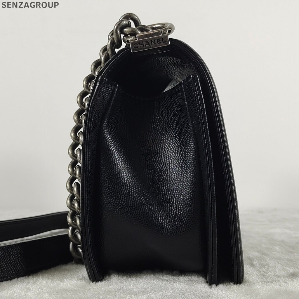 Chanel Le Boy Medium Black Silver Chain Shoulder Bag Quilted Classic