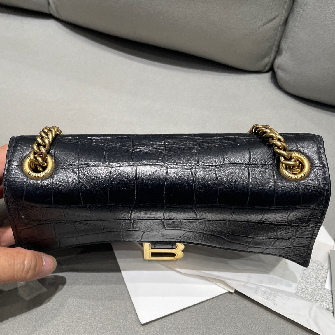 Balenciaga Black Gold Croc Embossed Crush Small Chain Crossbody Bag