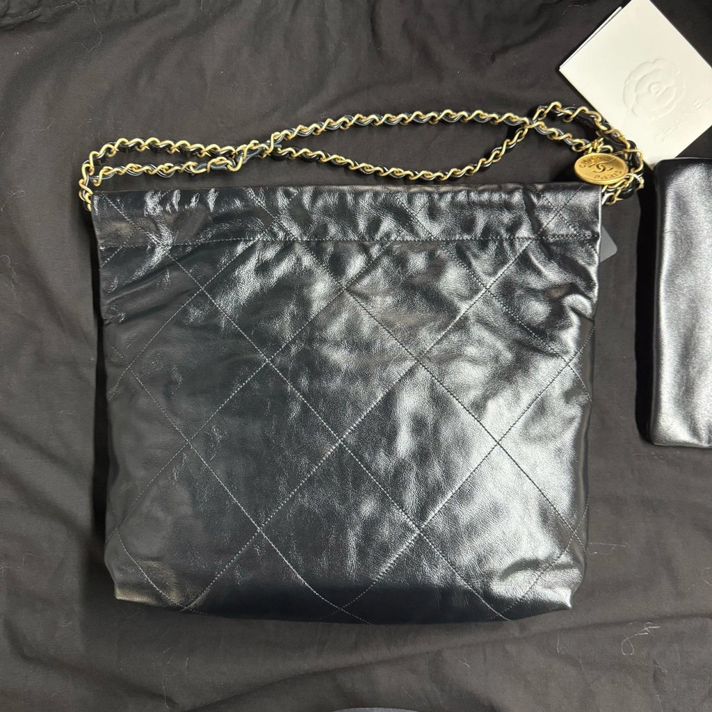 New CHANEL Calfskin 22 Small Black Gold Tote Shoulder Bag For Women