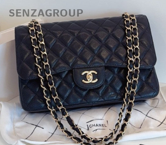 Chanel Classic Flap Jumbo Calfskin Chain Shoulder Bag Black Gold Used Women