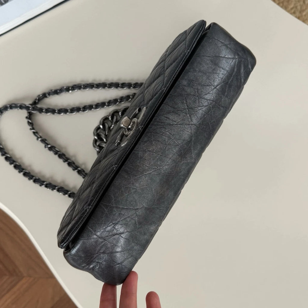 Chanel Calfskin Diamond Silver Chain Shoulder Bag Crossbody Gray