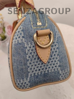 Louis Vuitton Damier Nano Speedy 18 Denim Blue Gold Women's Handbag