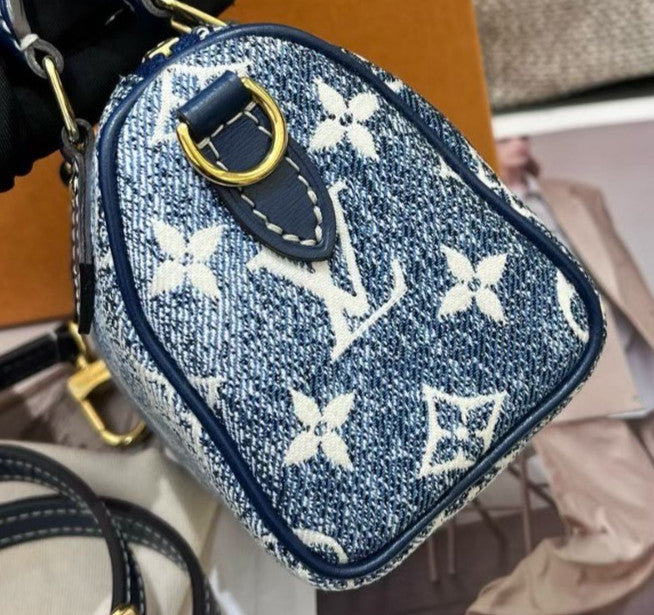 Louis Vuitton Denim Speedy Nano Monogram Top Handle Bag Crossbody Blue  Women