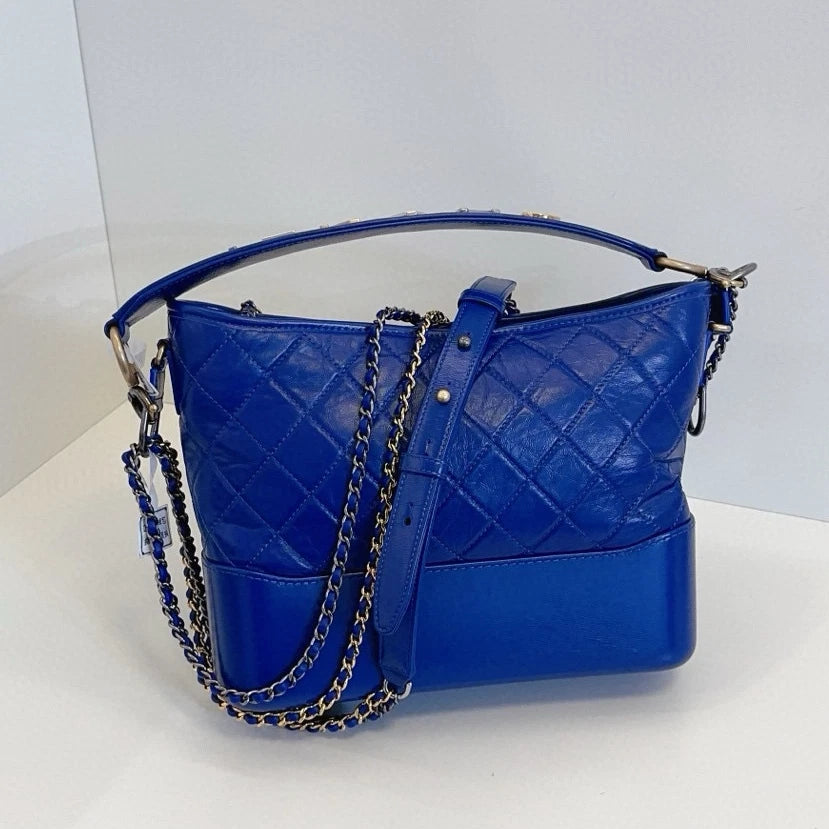 Chanel Gabrielle MM Chain Top Handle Shoulder Crossbody Blue Gold Women Classic