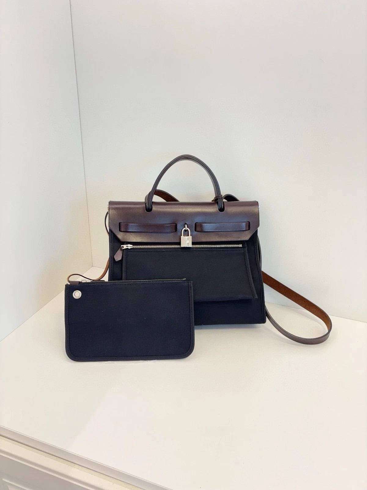 Hermes Herbag 31 Crossbody Bag Black Brown Silver Hardware