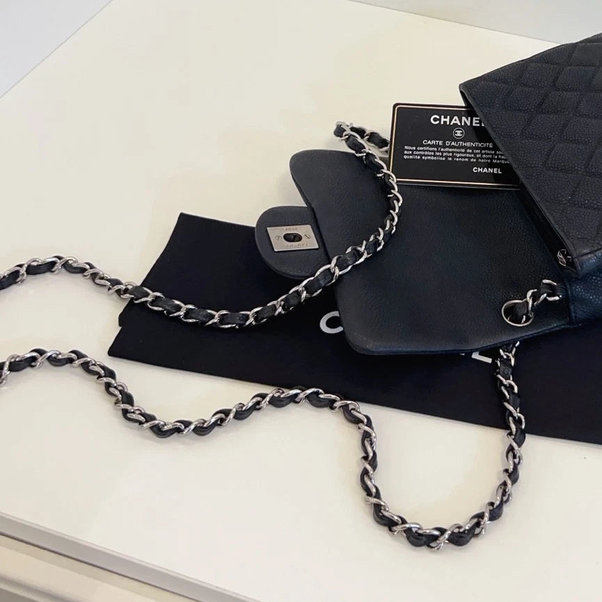 Chanel Classic Flap Chain Shoulder Crossbody Black Silver Women Diamond