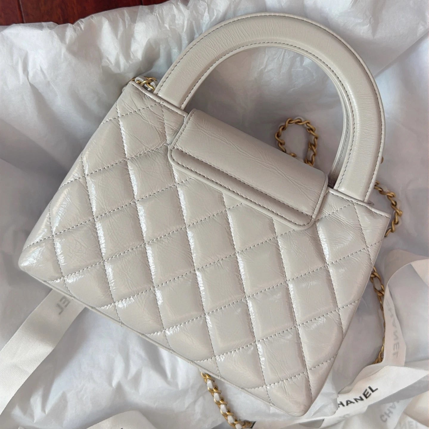 Chanel Kelly Diamond Chain Top Handle Crossbody Gray Gold Women Classic Fashion