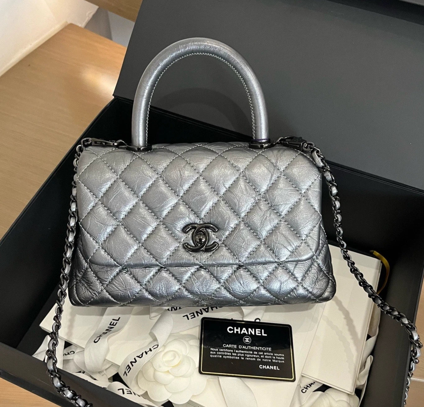 Chanel Coco Handle PM Top Handle Bag Shoulder Bag Crossbody Silver Excellent