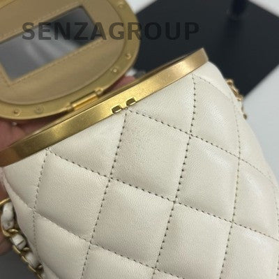 Chanel White Gold Cylinder Chain Shoulder Bag Quilted Classic Women