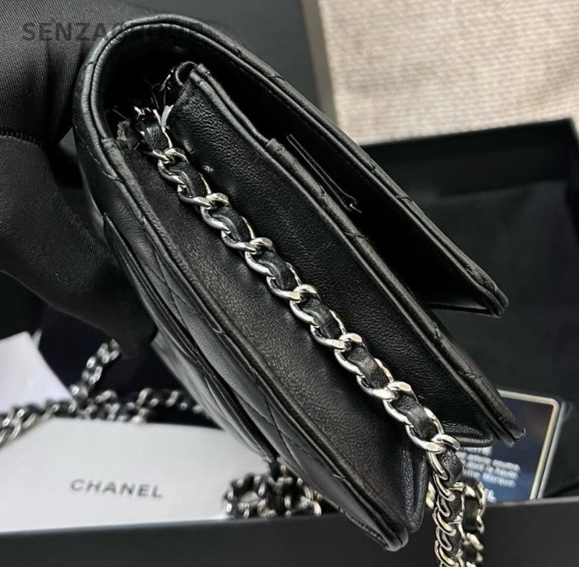Chanel WOC Chain Crossbody Shoulder Bag Black Silver Women Diamond Classic