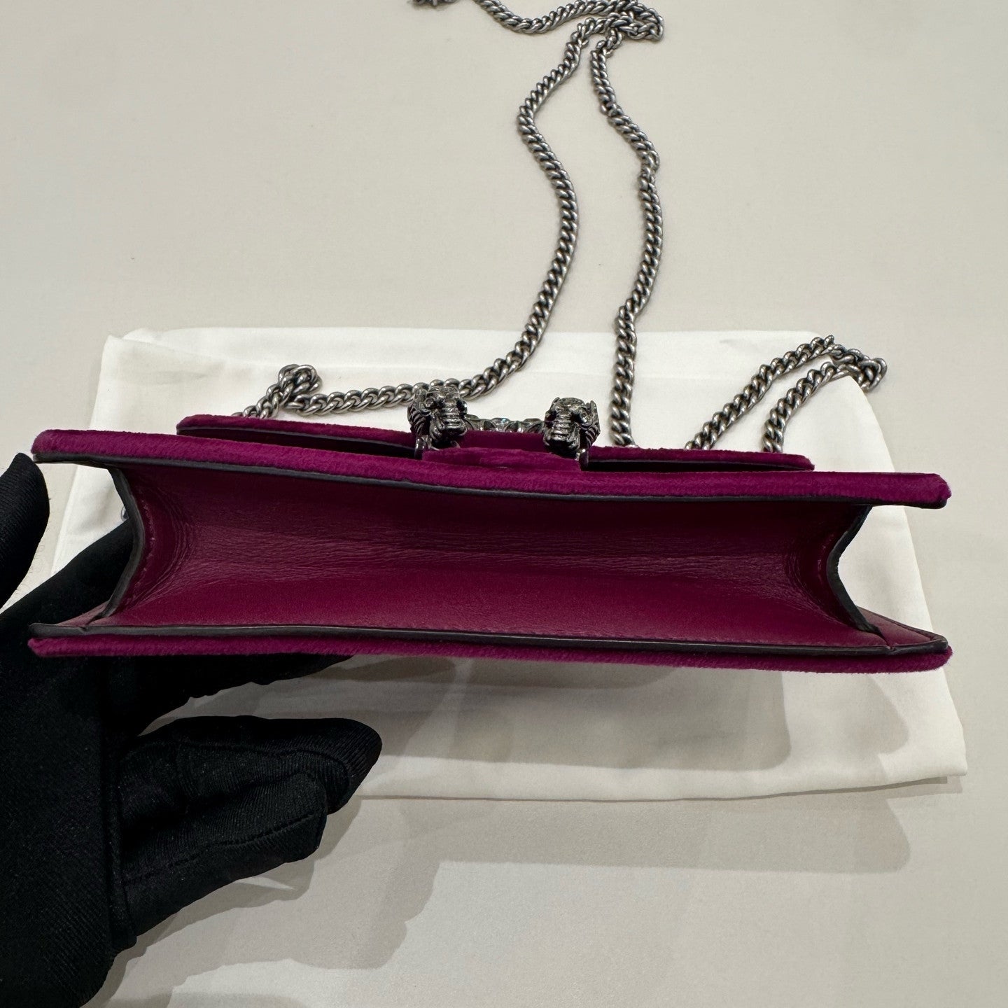 Gucci Dionysus Mini Chain Bag in Velvet, Burgundy with Silver Hardware