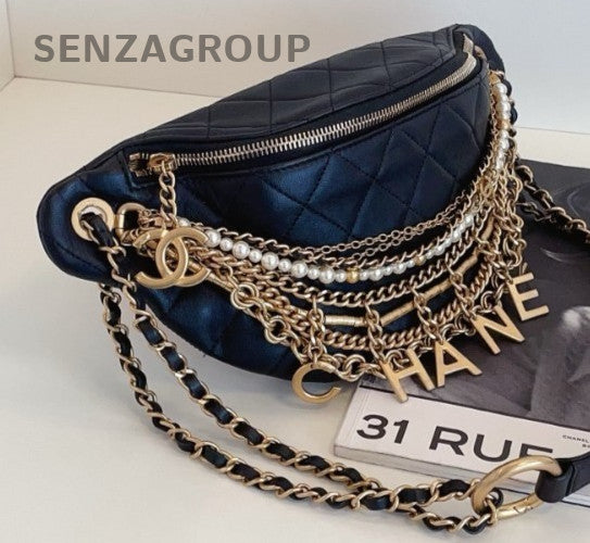 Chanel 19A Diamond Chain Bum Shoulder Bag Black Gold Used Women Classic Designer