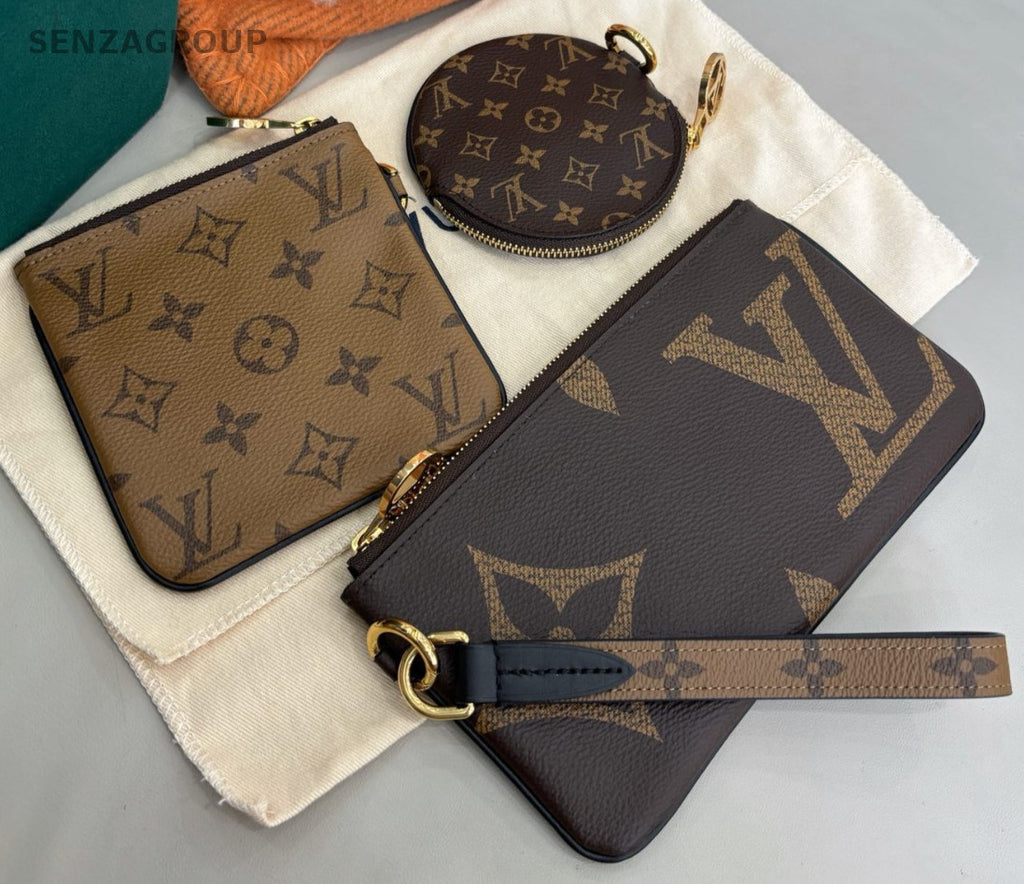 Louis Vuitton Monogram Trio Clutch Brown Gold Women Classic