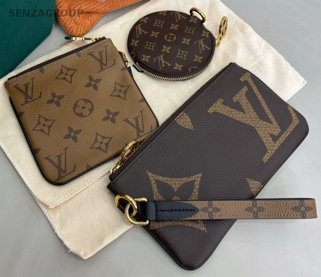 Louis Vuitton Monogram Trio Clutch Brown Gold Women Classic