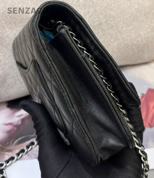 Chanel WOC Chain Lambskin Shoulder Bag Crossbody Black Silver Classic Diamond