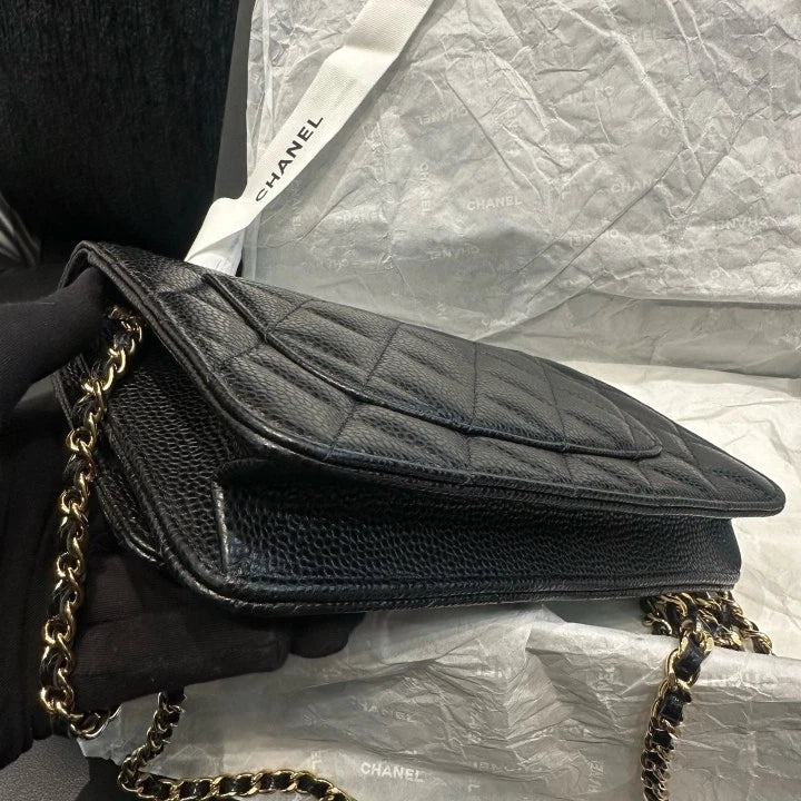 Chanel WOC Diamond Chain Shoulder Bag Crossbody Black Gold Women Classic D