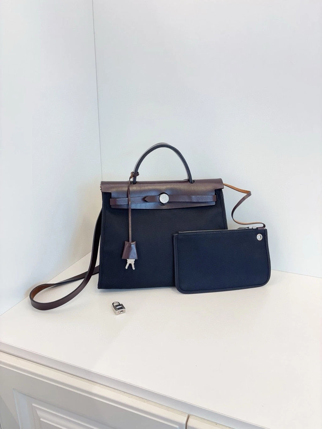 Hermes Herbag 31 Crossbody Bag Black Brown Silver Hardware
