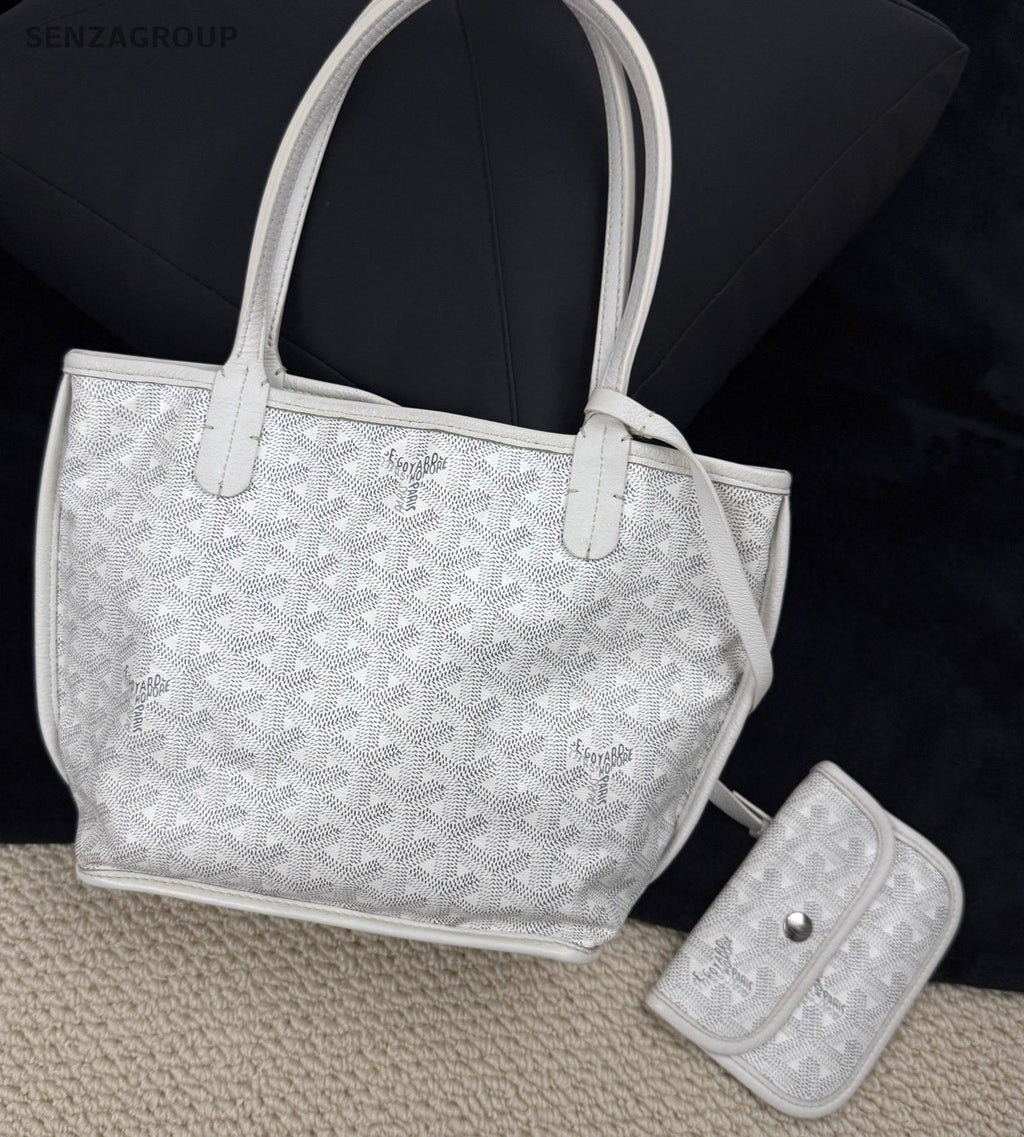 Goyard ANJOU Mini Tote Canvas Monogram Top Handle Shoulder Bag With Pouch White.