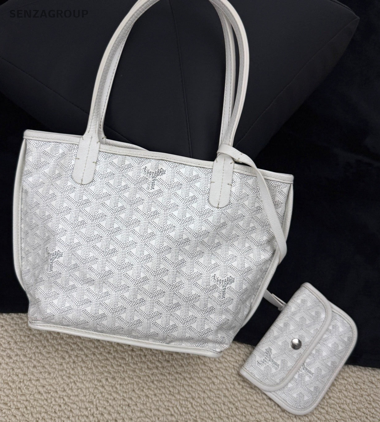 Goyard ANJOU Mini Tote Canvas Monogram Top Handle Shoulder Bag With Pouch White.
