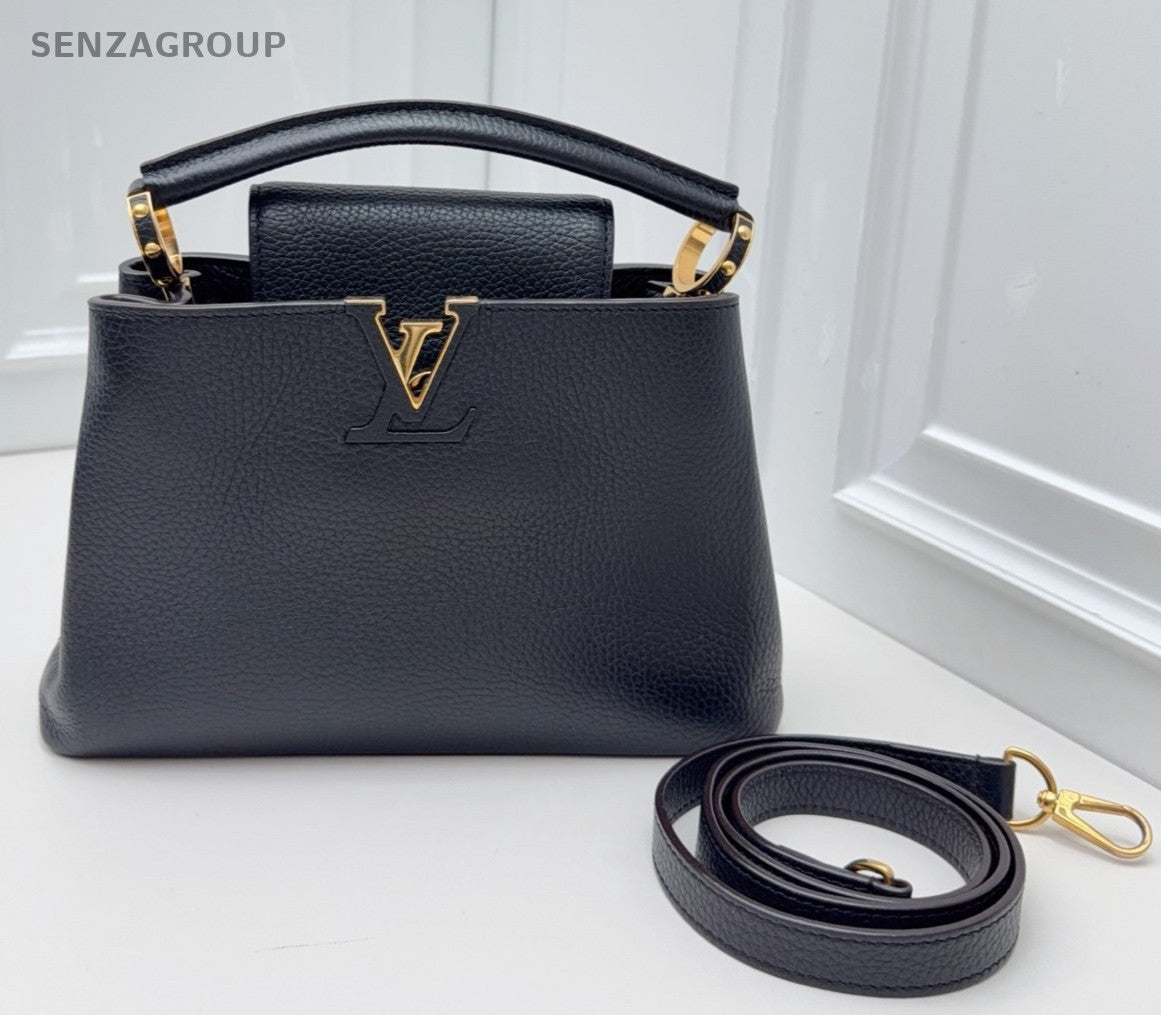 Louis Vuitton Capucines BB Calfskin Top Handle Bag Crossbody Black Gold Women