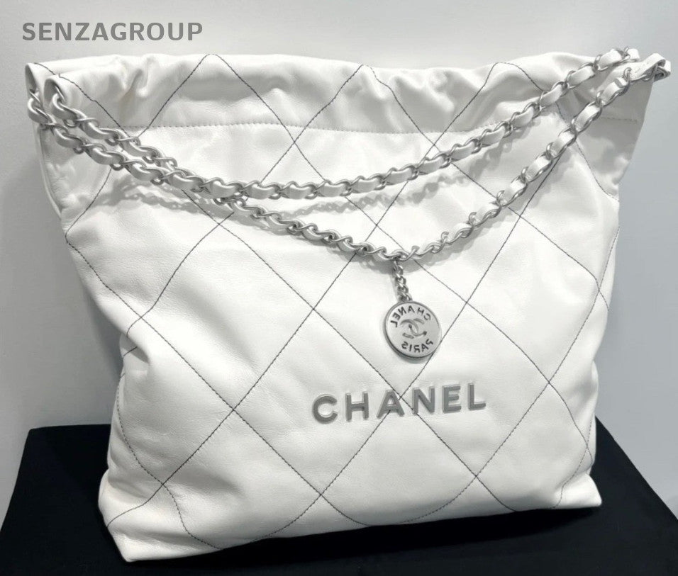 Chanel GM Chain Shoulder Bag Crossbody White Silver Women Diamond Classic